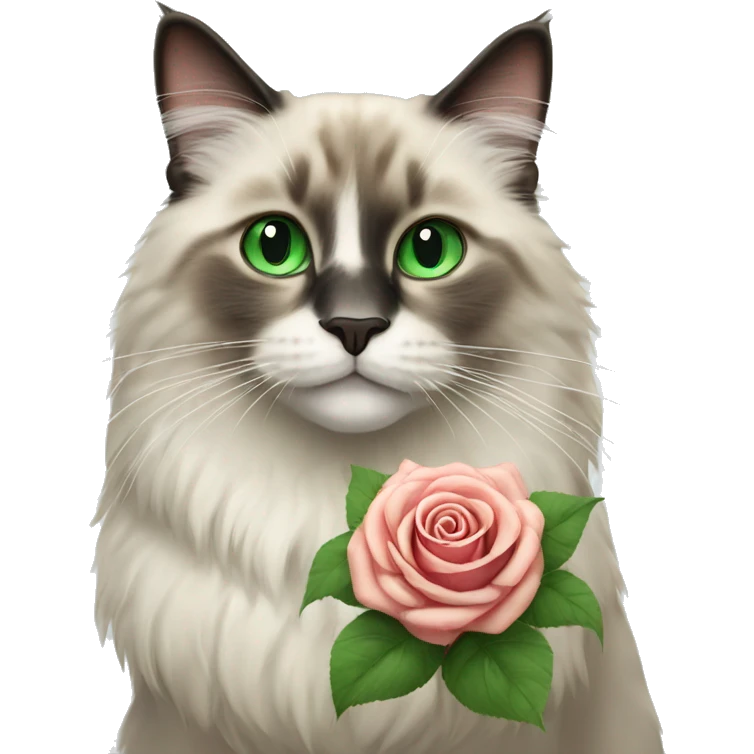 Ragdoll cat with green eyes, holding rose emoji