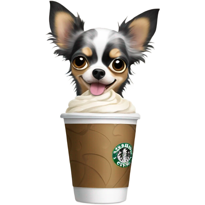 Black dapple Merle long hair chihuahua drinking Starbucks  emoji
