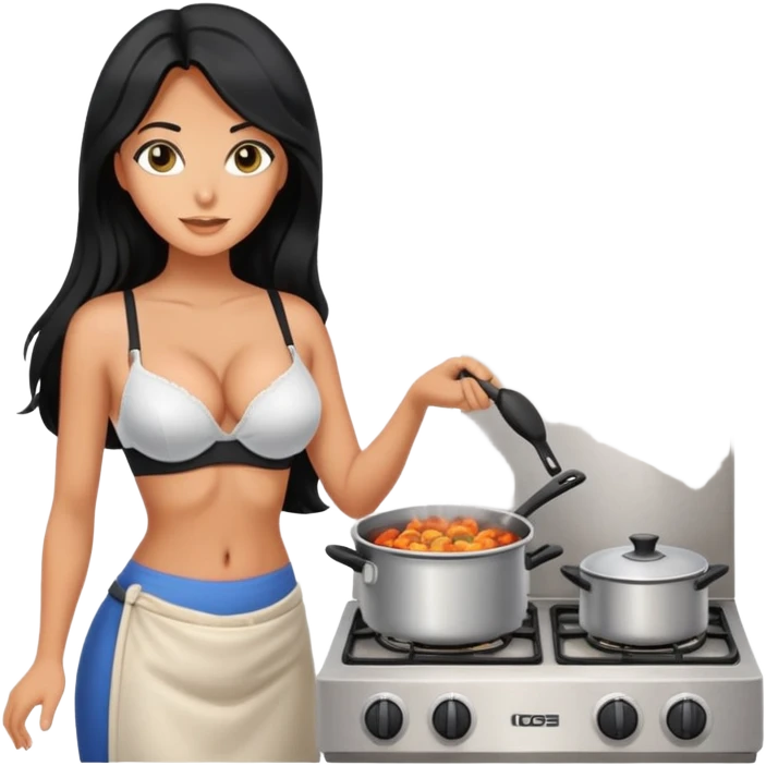 cooking stove with pot, black long hair tanned woman, bra  emoji