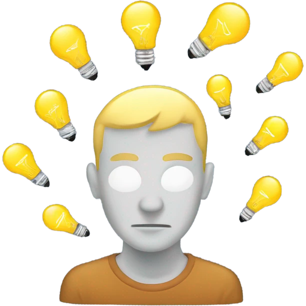 Create an emoji of a person deep in thought, with a pondering expression, as if working on an idea. Small light bulbs float around the head, symbolizing brainstorming and the emergence of creative thoughts. emoji