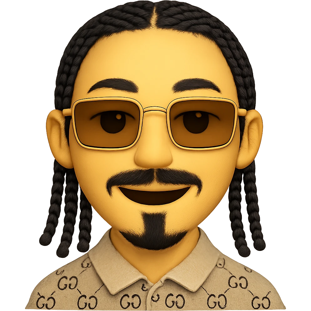 emoji of a smiley with a thin face, slightly lighter skin tone, beard only on the chin (no hair under the lower lip), mustache only above the upper lip, very detailed black braided hair, rectangular golden sunglasses, beige top with GG pattern and visible collar, transparent background, faithful details to reference photos emoji