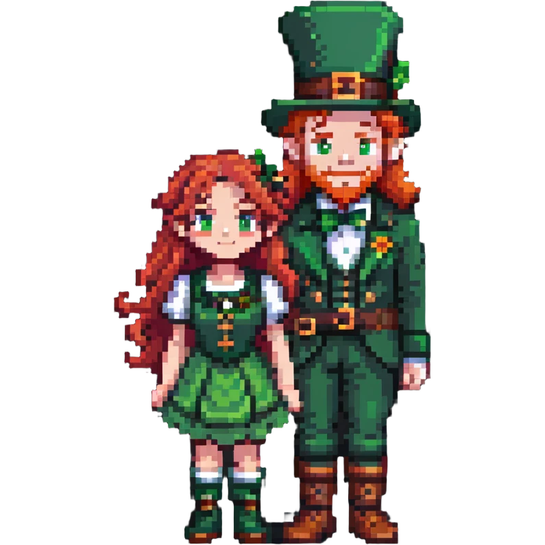girl with red hair and brown eyes with a leprechaun emoji
