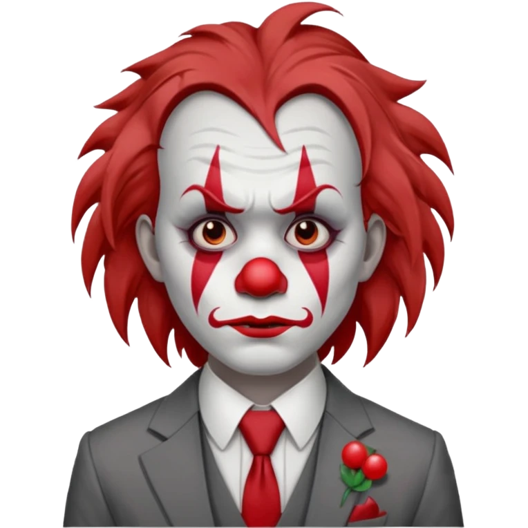 No wig, but long messy brown hair.

White face paint with red clown makeup and a red nose.

Wearing a gray suit with a tie.

Expression is sad and serious, resembling a clown with a more human-like look. emoji
