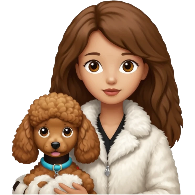 A girl with a long brown straight hair and wearing a fur white jacket holds a brown poodle emoji