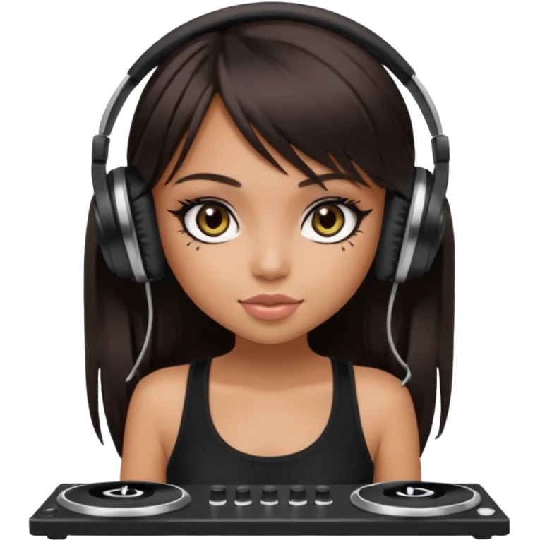 generate a pretty bratz girl in black cami top, dark brown straight long hair with bangs, eyeliner on, djing emoji
