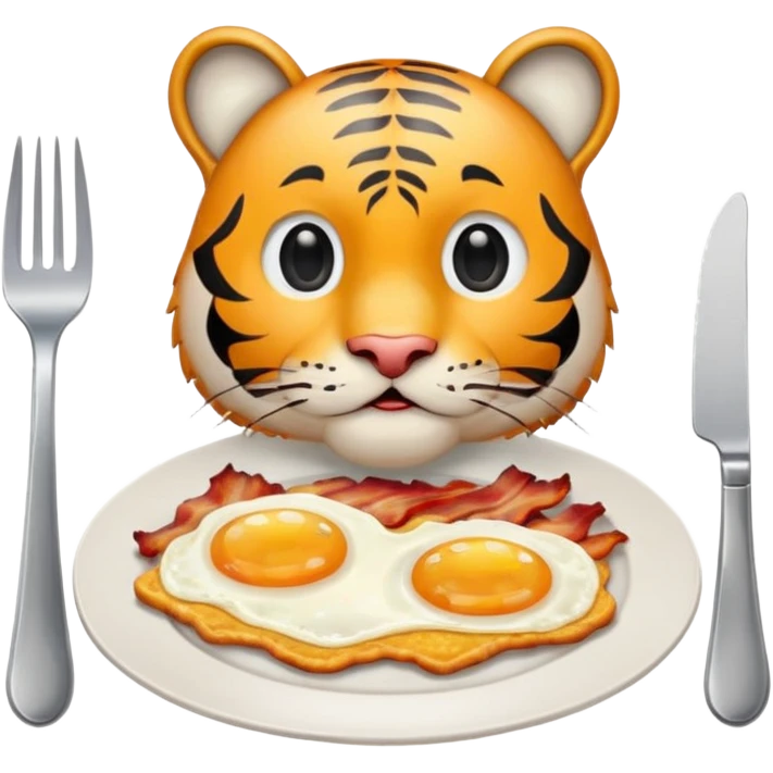 Tiger sitting by a table with a plate of 2 eggs and bacon in front of him on the table place setting emoji