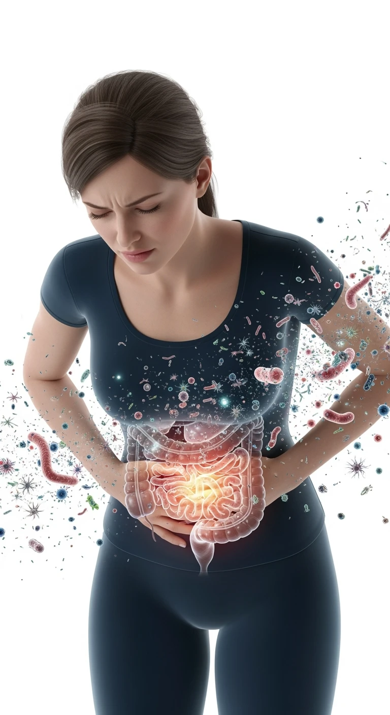 DONNA CON MAL DI PANCIA E INTESTINO UMANO ANATOMICO VISIBILE, BATTERI INTESTINALI FLUTTUANO INTORNO, IPERREALISTICO 4K, SFONDO BIANCO emoji