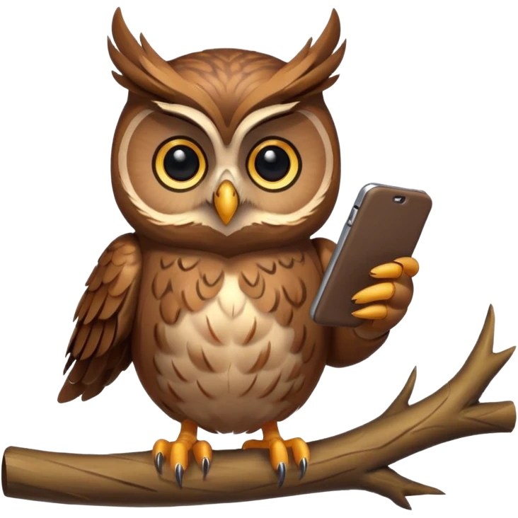 Сова  держит телефон крылом, внимательно слушает, блокнот под лапой  emoji
