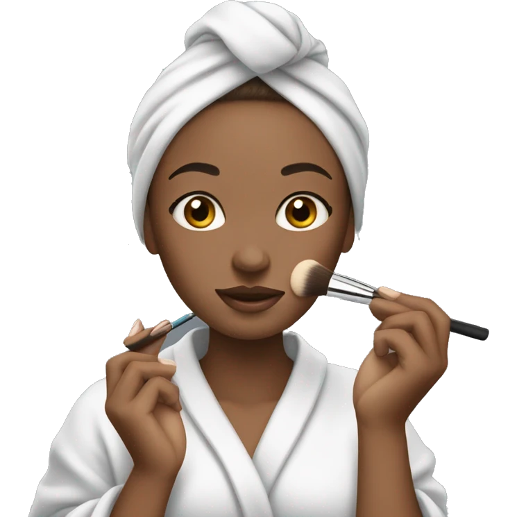 white-skinned girl with a towel on her head in a gray robe doing makeup emoji