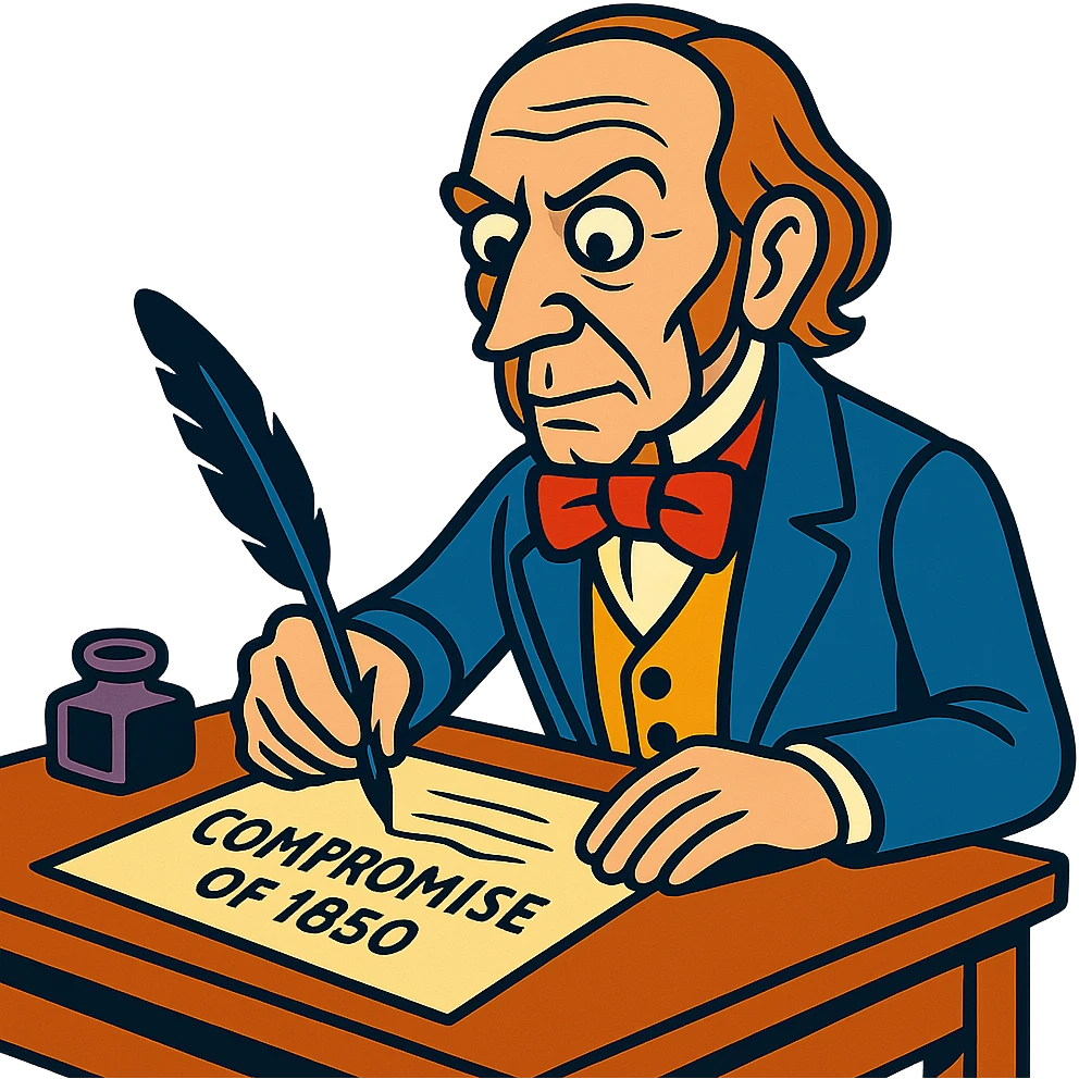 cartoon style Henry Clay at a desk writing the Compromise of 1850, exaggerated features, bright colors emoji