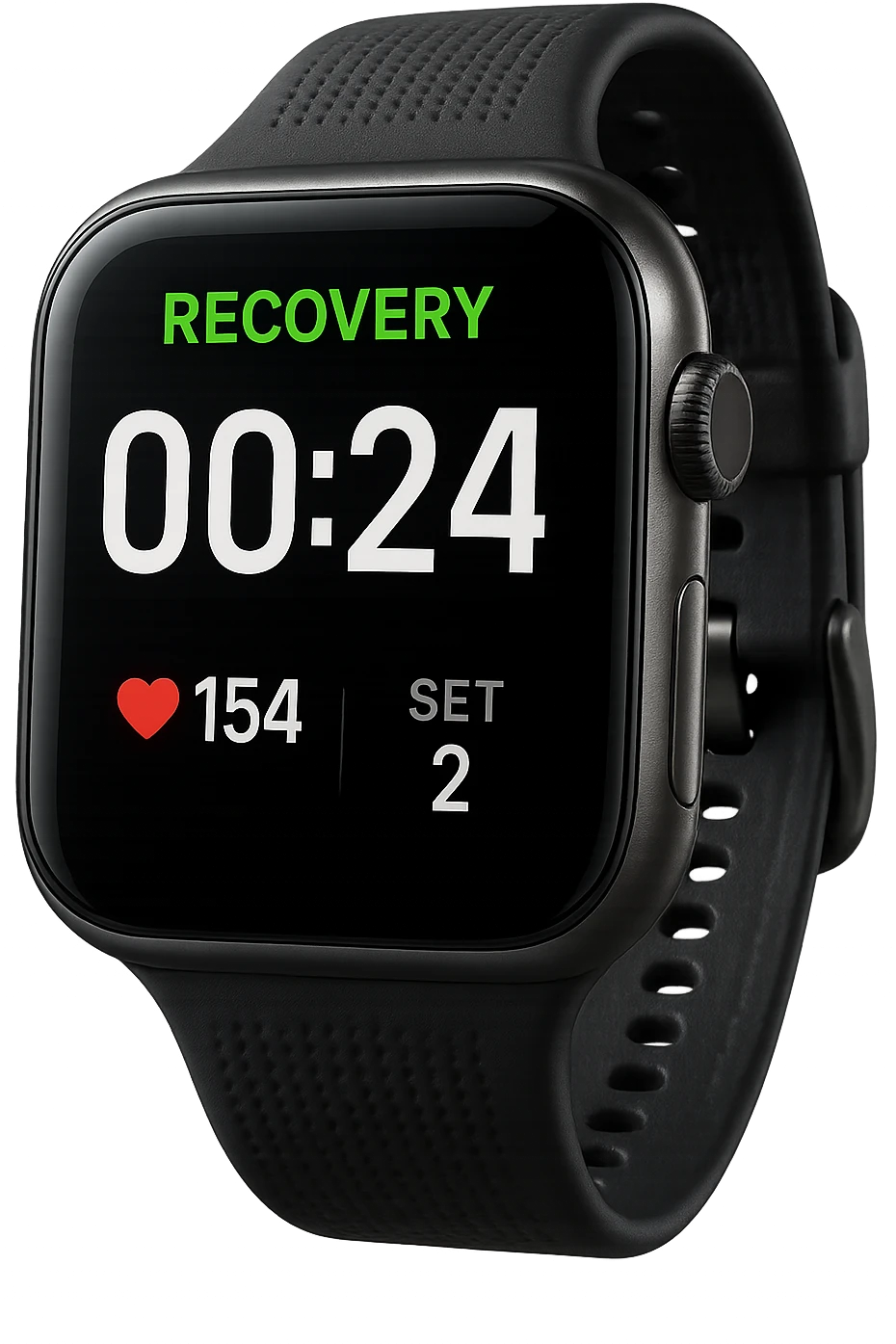 smartwatch che misura il tempo di recupero tra una serie e l'altra in allenamento, iperrealistico 4k emoji
