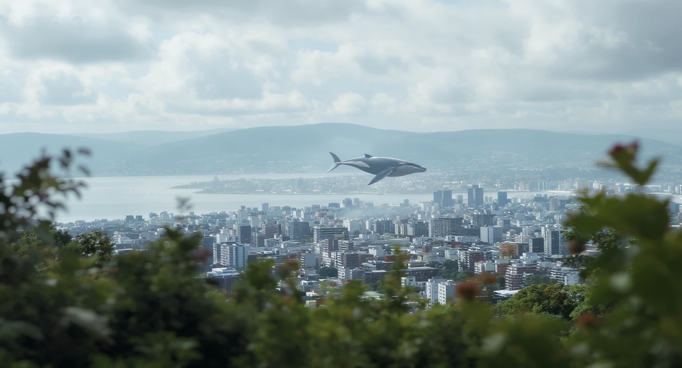 A cinemaatic still of a city, blurred plants in the foreground, huge whales fly above city sky, rolling hills in the background, cinematic depth of field, layered composition, natural lighting emoji