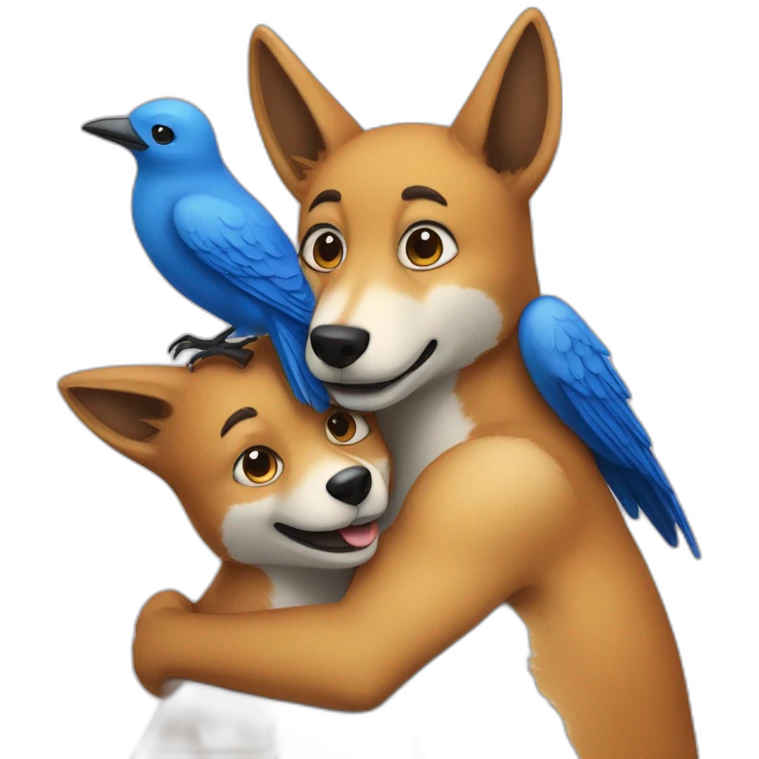 Anthropomorphic dingo giving an anthropomorphic blue bird a hug emoji