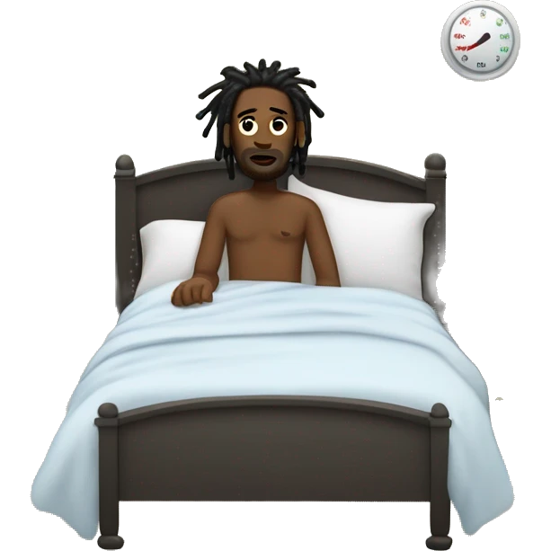 “Black man with dreadlocks, sick in bed, flushed face, thermometer, full body in bed.” emoji