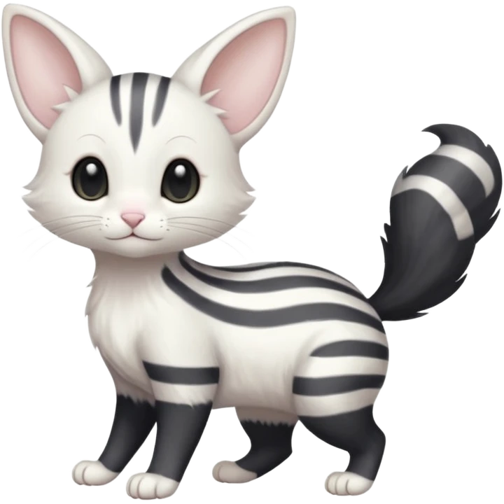 Black grey pearly silvery white albino melanistic Purrloin-Minccino-Emolga-fusion (full body) with vertical white stripes running down the whole body emoji