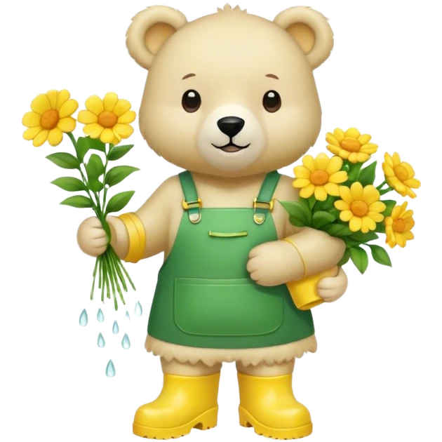 An ivory-colored bear, close to white.
Wears a green apron and yellow rain boots.
Shares flowers with others. emoji