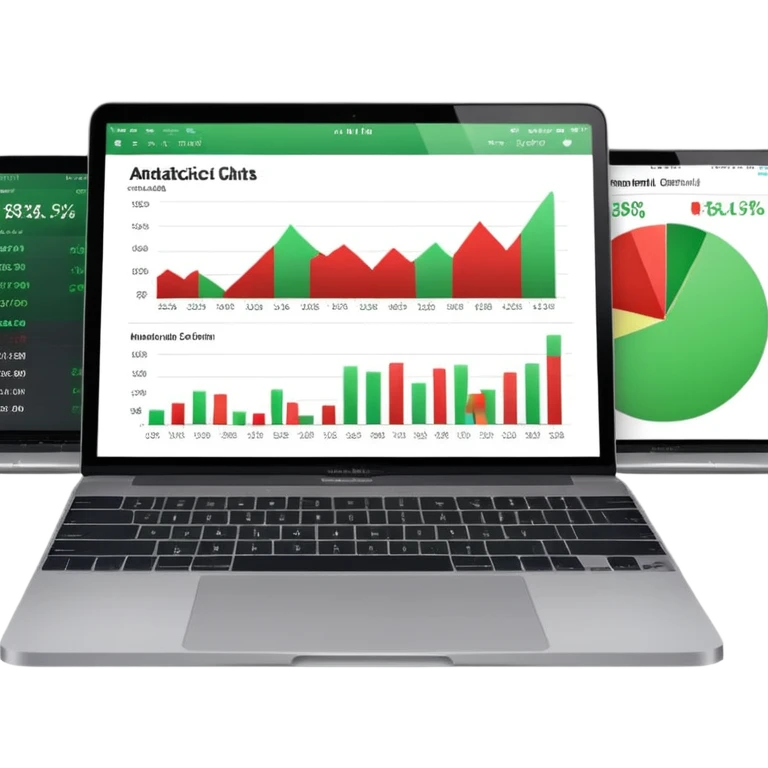 Create a macbook displaying financial charts and analytics dashboards on the screen. emoji