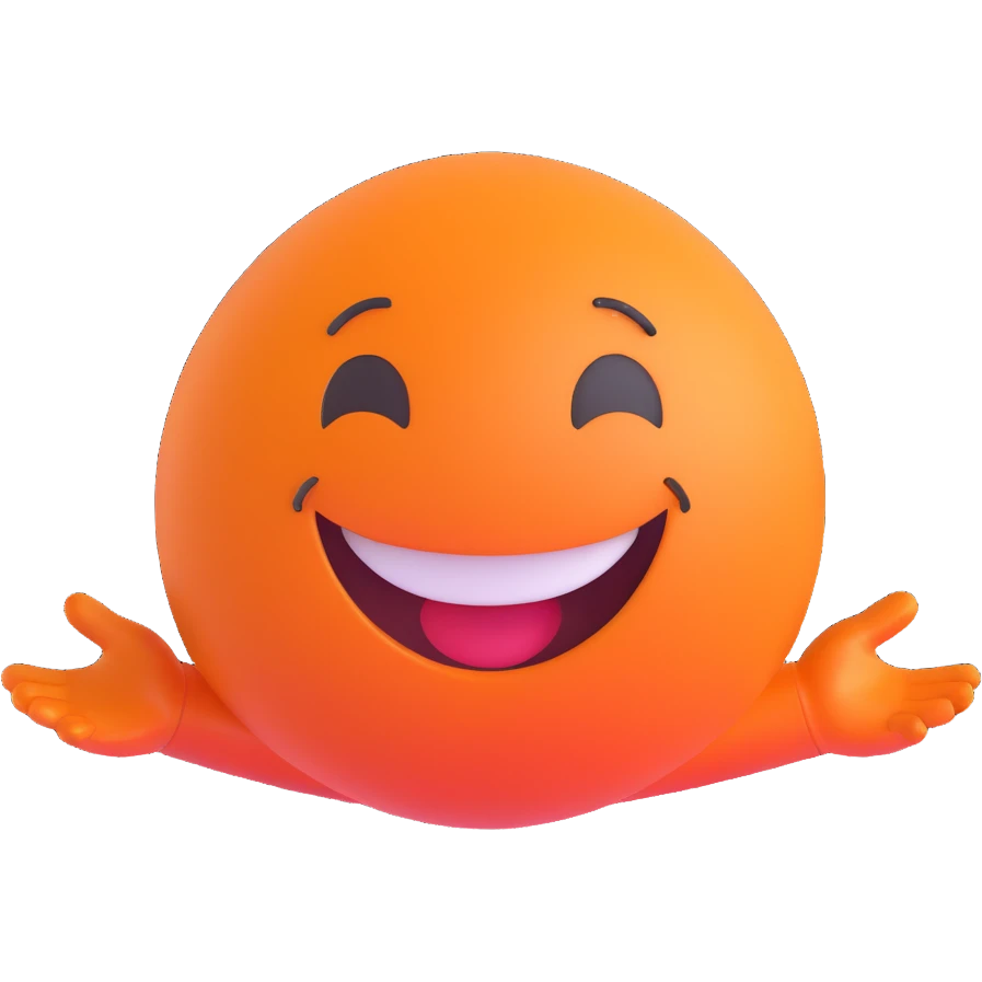 3D smiley emoji, round shape, student in colorful clothes, orange color, cheerful face emoji