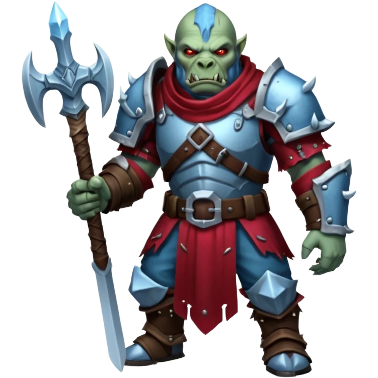 
Fantasy Christmas orc legion soldier icon, iron tundra army theme, heavy winter armor, disciplined brutal look, icy blue steel armor with deep crimson accents, frozen metal texture, cold winter atmosphere, male variant emoji