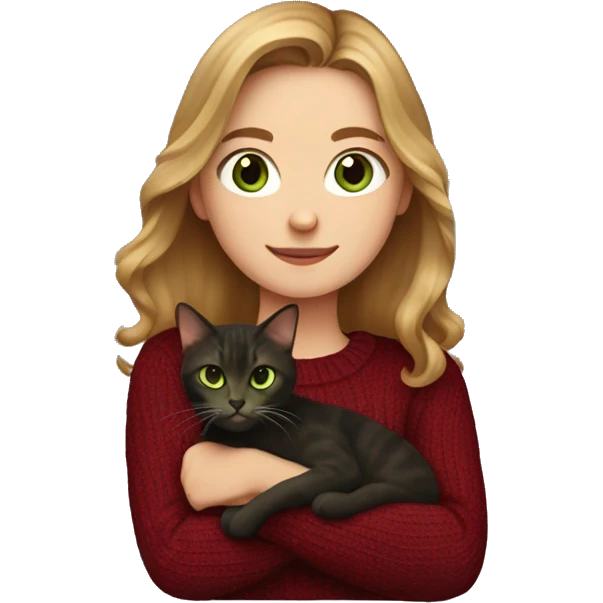 White girl with green eyes and light brown hair wearing a dark red sweater and holding a dark tortoiseshell cat emoji
