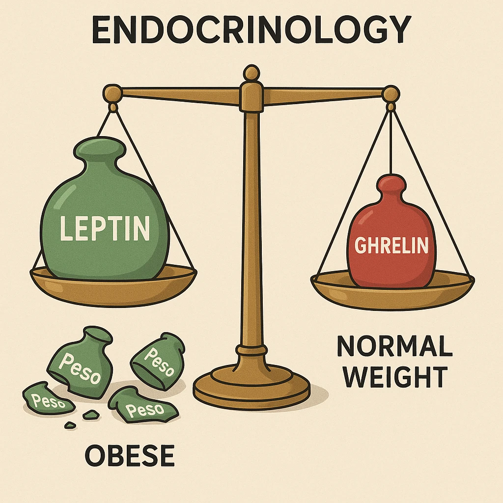 endocrinology diagram showing a balance scale with leptin in green and ghrelin in red; obese side with overflowing leptin, broken leptin weights labeled 'Peso' scattered on the ground, scale not moving; normal weight side with perfectly balanced scale; clinical, clear, detailed illustration, 4K resolution emoji