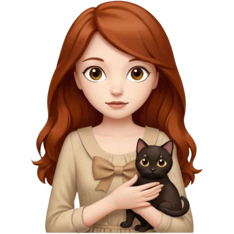 a beautiful girl with long red and brown hair, clear brown eyes, in a beige dress and with a beige bow holds two black cat in her hands emoji