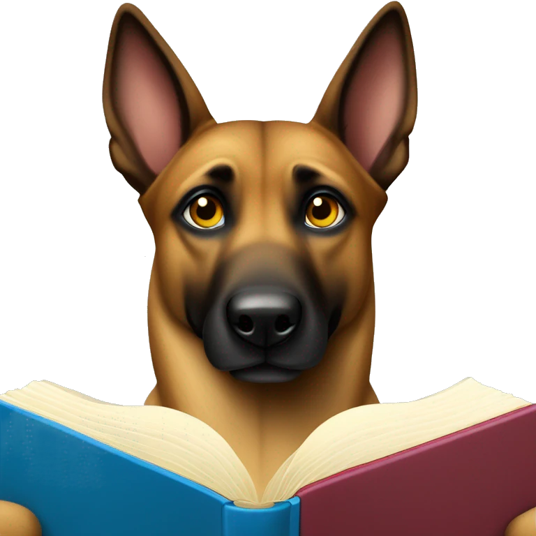 malinois prends des notes avec un livre emoji