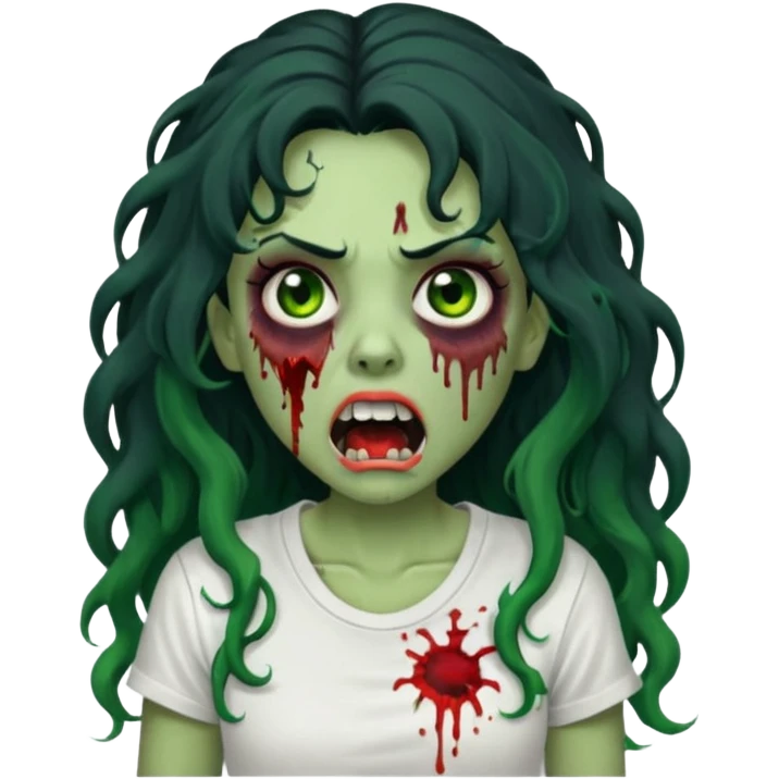 a zombie with long curly black hair volumoso, brown eyes, a white t-shirt and a splash of blood on her t-shirt, mouth open like a zombie, green skin color, not much expression, no drawing on shirt, no hands showing, less blood on her face,  emoji