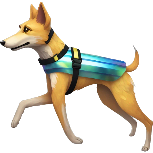  brindle brown black maroon striped lurcher Alsatian fox running blue eyes and iridescent holographic oilslick harness wearing paper iridescent tropical flower crown yellow caution tape emoji