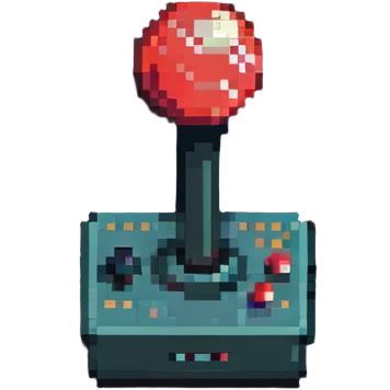 A classic arcade joystick with red ball top and buttons in pixel art style emoji