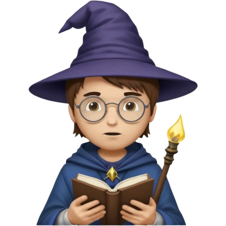 ["A sad boy with light skin, straight hair, wearing a wizard hat and round glasses, dressed in punk fashion, is reading a book while holding a phone."] emoji