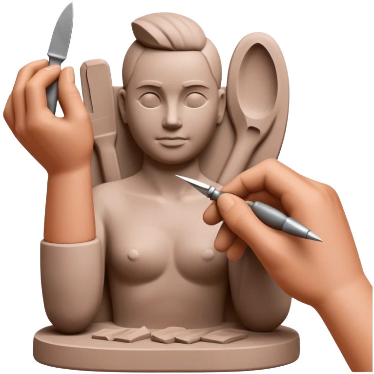 Clay sculpting icon, hands shaping clay, sculpted figure in progress, sculpting tools like chisels and knives, textured clay surface, minimalistic style, clean lines, transparent background. emoji