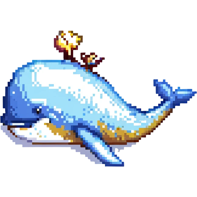 Magic whale, pixel art style, gold and silver colors emoji