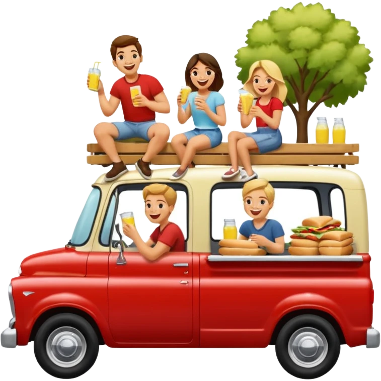 People having a picnic in the back of a red pick up truck emoji
