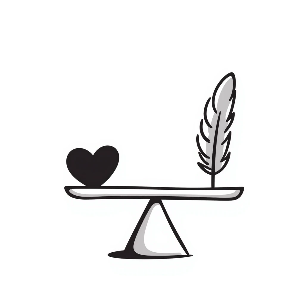 A simple scale balancing a feather and a heart, representing emotional balance and lightness. Hand-drawn doodle style. emoji