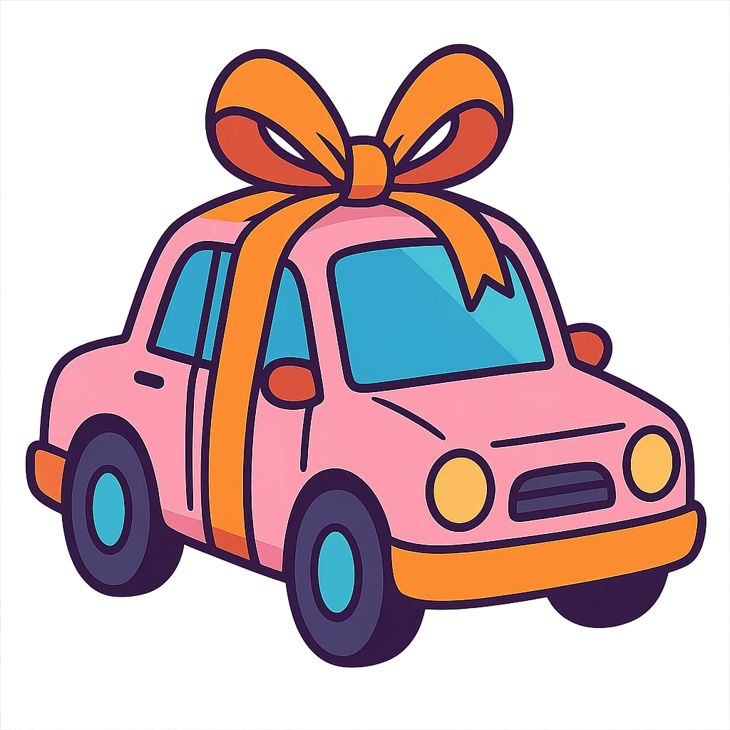 a light pink car with a large ribbon bow on top, playful style emoji