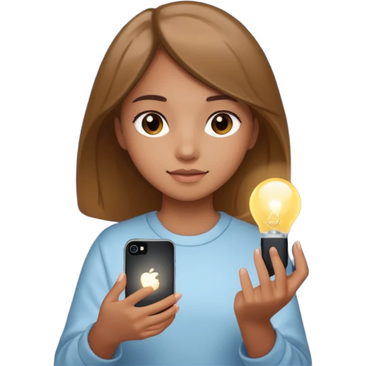 Young girl SMM with Iphone and light in hand emoji