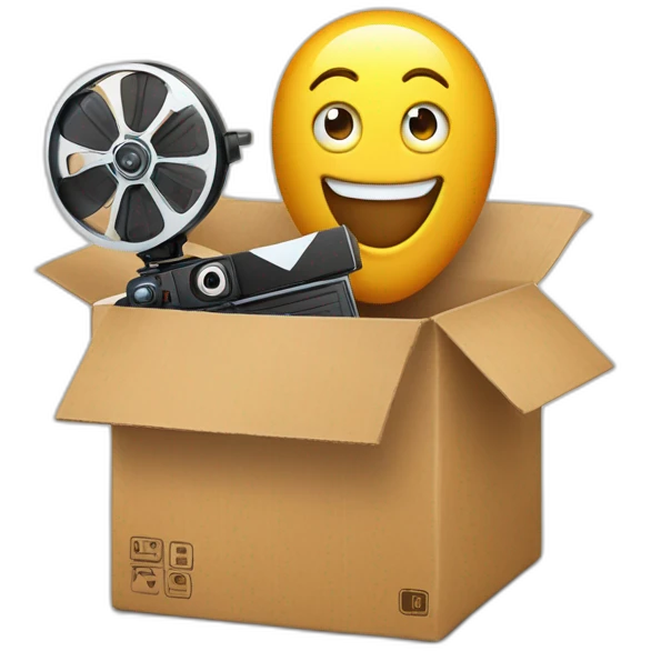 Video icons, movie camera, film, play, logos, likes, thumbs up, marks, views, coverage, applause fly out of a Cardboard box emoji