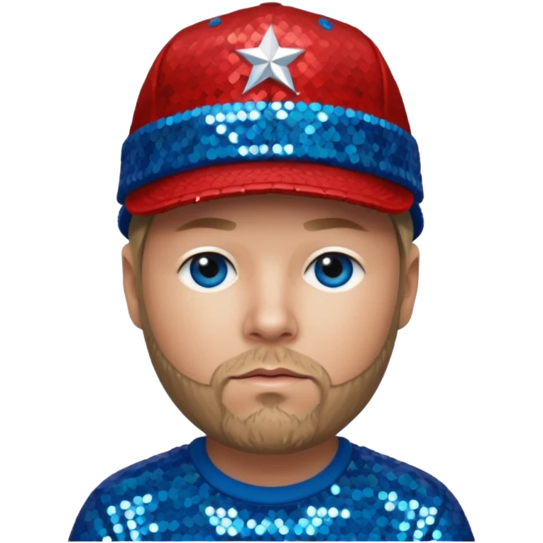 Fred Durst with dark blonde hair, red sequin shirt and hat, blue eye emoji