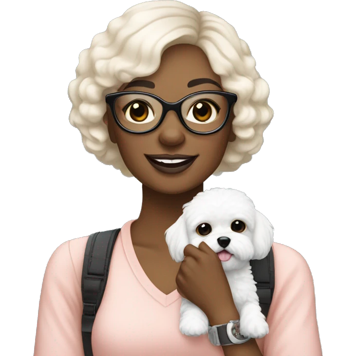 Beautiful woman with black glasses holding small white MaltiPoo dog emoji