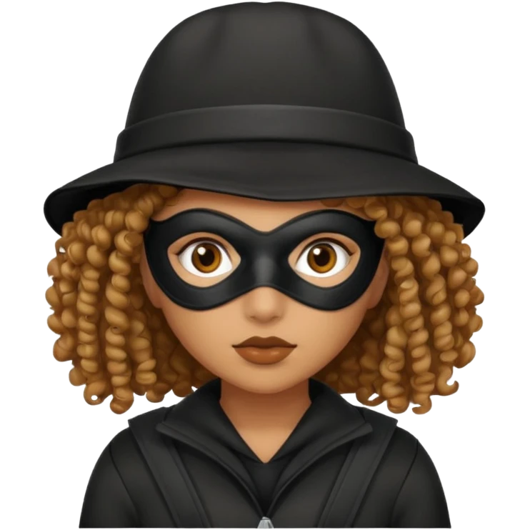 woman with robber mask concerned curly hair and robber outfit hat emoji