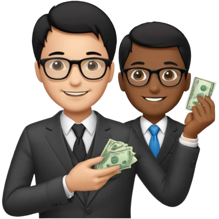 Rich man holding money with his left hand, wearing suit and glasses black hair, brown skin emoji