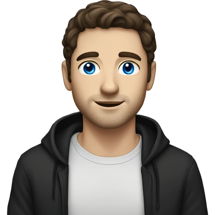 white guy with dark brown hair and blue eyes and black hoodie emoji