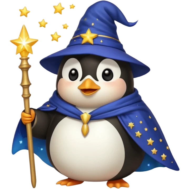 chubby penguin wizard with a starry cloak and a glowing wand, emoji style emoji