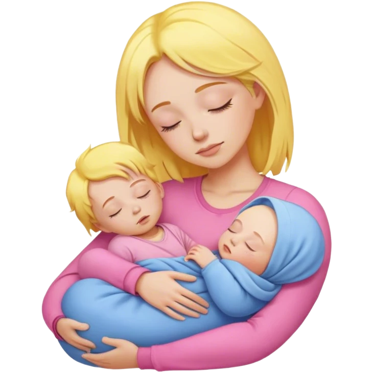 Mother holding baby, mother with yellow hair and pink clothes, baby in blue clothes is sleeping emoji
