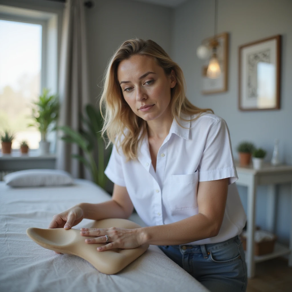 realistic 4K woman in physiotherapy studio showing insole to physiotherapist with perplexed expression, professional and welcoming environment emoji