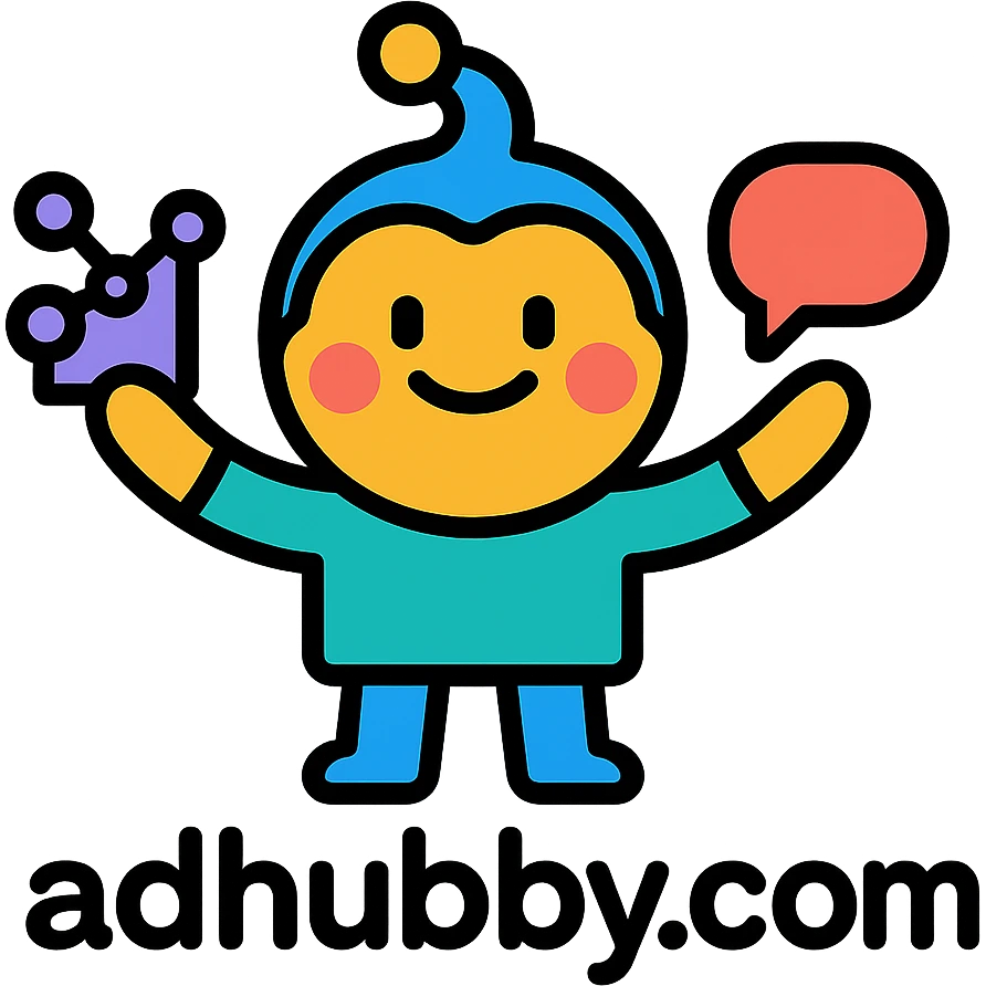 playful mascot logo for adhubby.com, creative multi-agent agency, fun character representing collaboration and tech, vibrant colors, modern and friendly, suitable for small businesses emoji