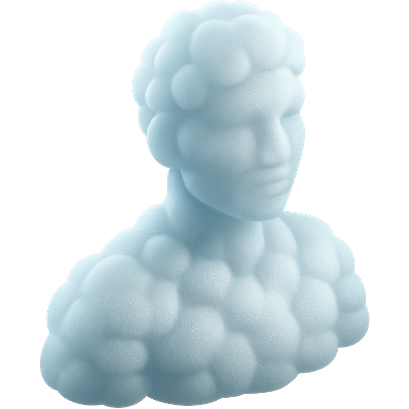 person looking straight, fully made of white fluffy convex clouds, shoulders visible, matte glass style emoji