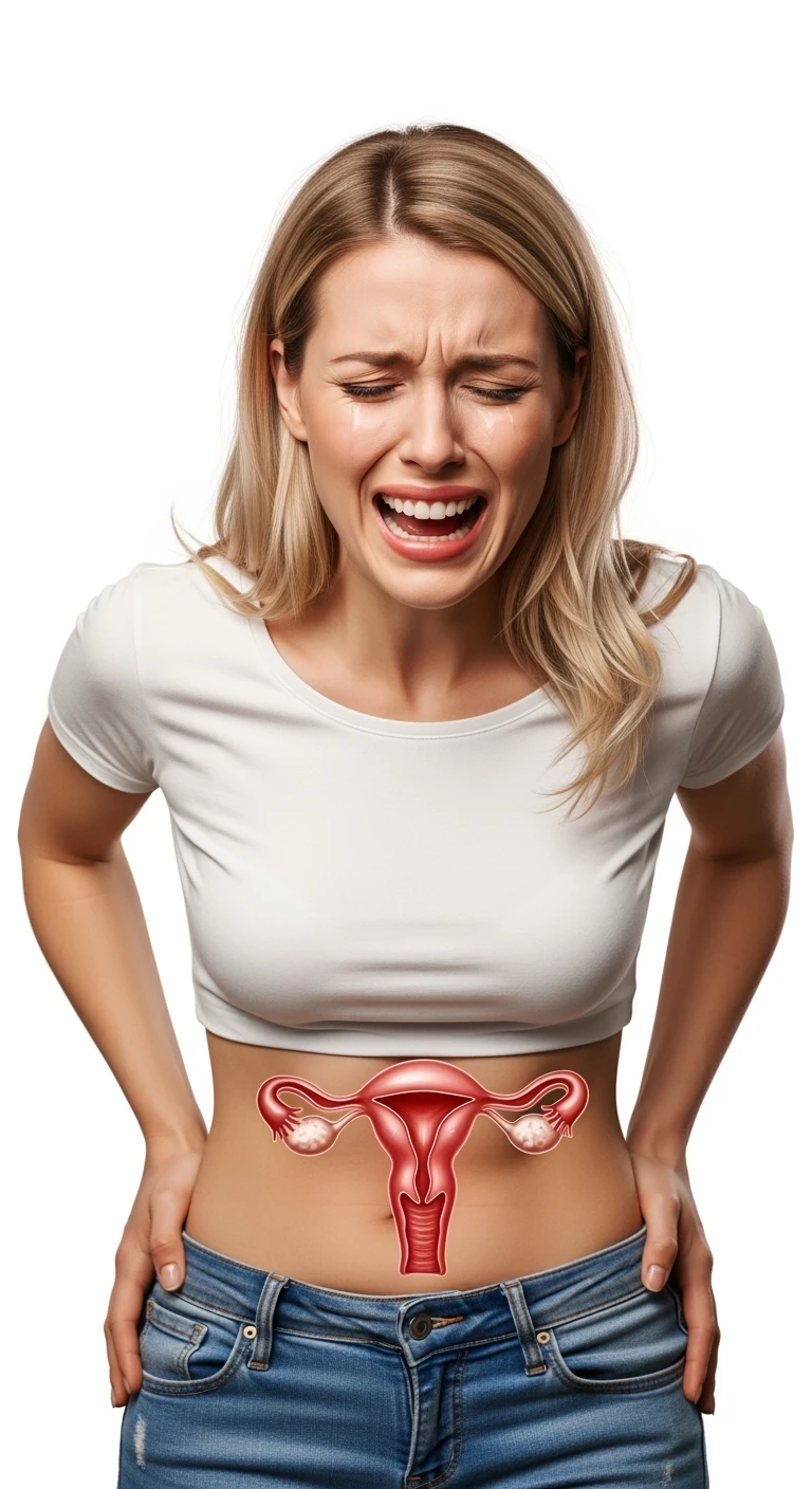 donna con utero umano realistico in evidenza dolorante, espressione di dolore in volto, sfondo bianco, non farla computerizzata, ma iperrealistica 4k emoji
