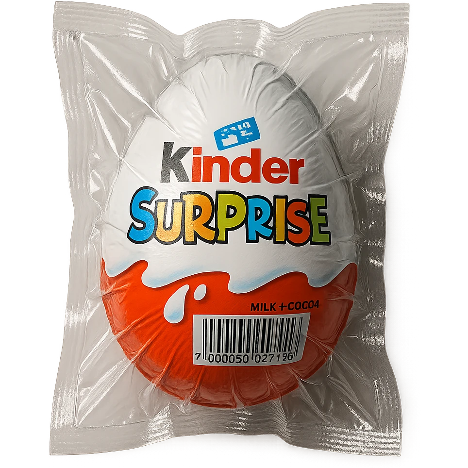 Kinder Surprise egg with standard packaging, glossy and puffy vacuum-sealed style emoji